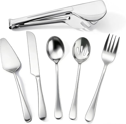 6 PCS Premium Stainless Steel Serving Utensils Set, Large Serving Spoons Slotted Spoons, Forks, Ice Tongs, Cake Server, Soup Ladle, Metal Flatware Set for Buffet Catering Banquet Home Party (Gold)