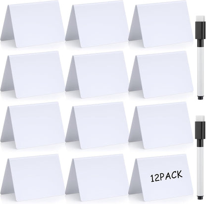 Outus 12 Pcs 4 x 3 Inches Buffet Food Labels Mini Small Chalkboard Signs White Acrylic Food Markers Little Price Signs with 2 Pcs Erasable Marker for Wedding Birthday Bakery Table Display