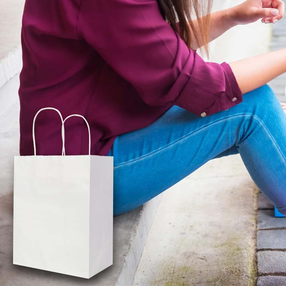 Oikss 100 Pack 8x4.75x10 Inch Medium Brown Kraft Paper Bags with Handles Bulk for Wedding Birthday Party Favors Grocery Retail Shopping Business Goody Craft Gift Bags Sacks (Plain Natural 100 Count)