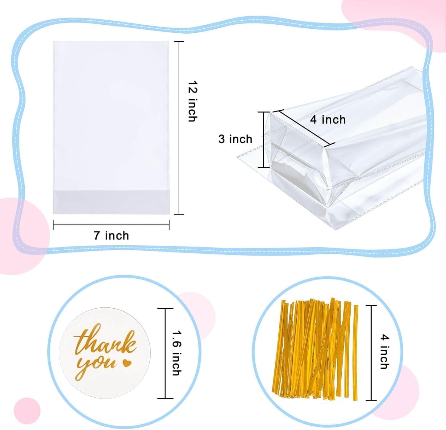 Cellophane Treat Bags, 5x7 Inch Iridescent Cellophane Bags with Thank You Stickers and Twist Ties, Celebrations Baby Showers Weddings Birthday Party Gift Wrapping(Pack of 100)