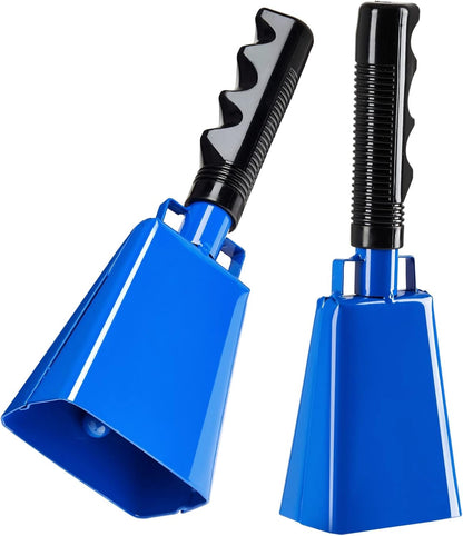 BLUE PANDA Cowbell Noise Maker - 9-Inch, Royal Blue, Pack of 2 - Metal Cowbell Instrument with Ergonomic Handle - Cheering Bell for Stadium Cheers & Celebratory Noise Maker