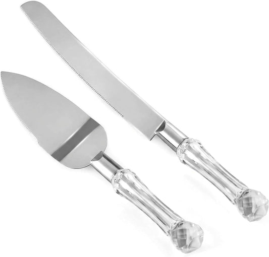 Wedding Cake Knife and Server Set, Cake Cutter and Pie Spatula, Cake Server and Knife Set of 2 with Crystal Handles, 1.2mm Thick Blades, Cutting Set for Birthdays, and Parties (Crystal Silver)