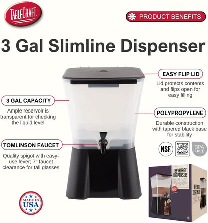 TableCraft H953 3-Gallon Beverage Dispenser Black And Clear
