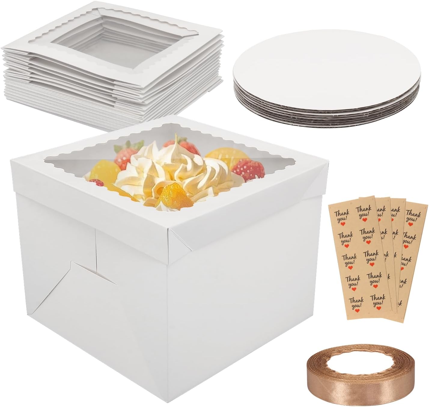 10 Pack Cake Boxes,Tall Cake Box with Window, White Bakery Boxes, 8x8x8 Inch Large Baking Boxes with Sticker, Cardboard Cake Box for Multi-Layer Cakes, Cake Decorating Supplies for Gift Giving