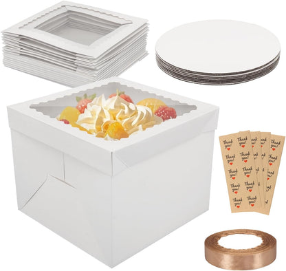 10 Pack Cake Boxes,Tall Cake Box with Window, White Bakery Boxes, 8x8x8 Inch Large Baking Boxes with Sticker, Cardboard Cake Box for Multi-Layer Cakes, Cake Decorating Supplies for Gift Giving