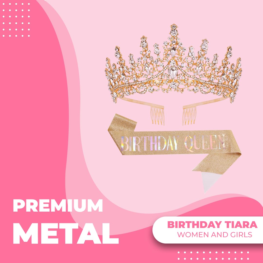 Birthday Tiara Crown with Sash for Women, Headband Hair Accessories for Wedding Party Costume