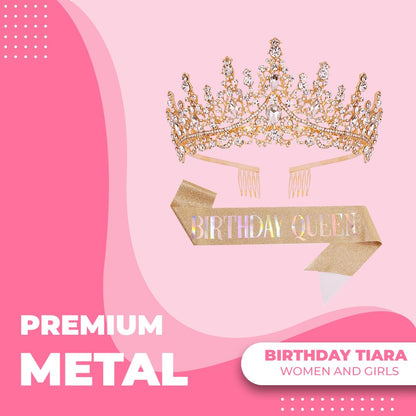 Birthday Tiara Crown with Sash for Women, Headband Hair Accessories for Wedding Party Costume
