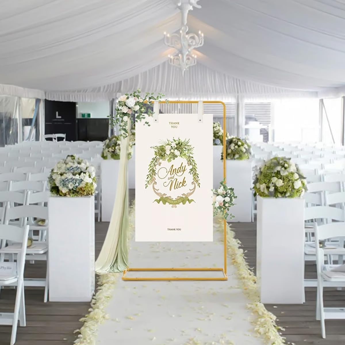Sign holder, Adjustable Wedding Sign Holder, Welcome Sign Stand With Leather Sign Hanging Straps, 71”x31”x 20” Heavy Duty Ease Sign Stand for Wedding, Bridal Shower, Birthday Party, Baby Shower or Any Event (Gold, M)