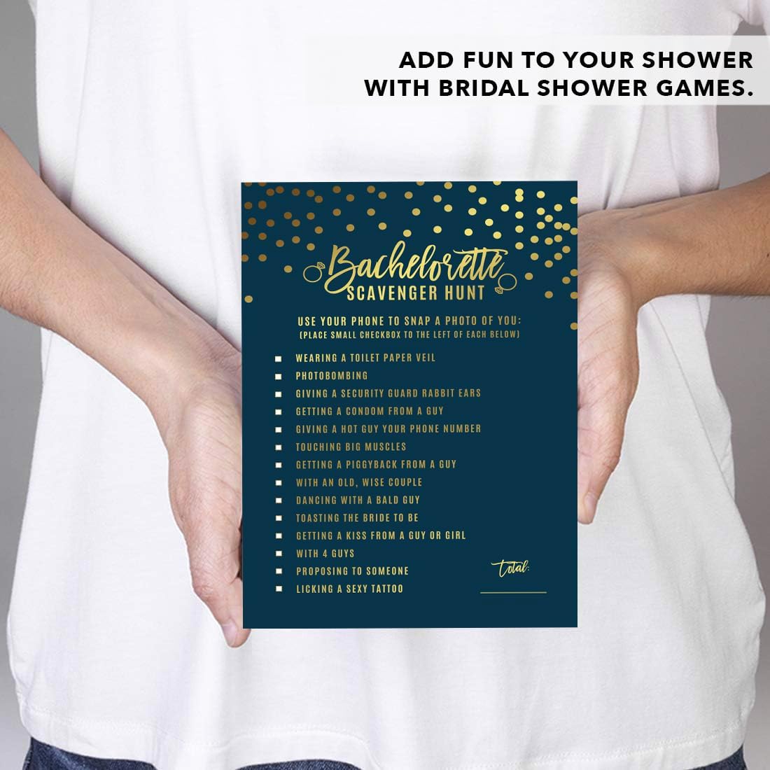 Andaz Press Navy Blue and Metallic Gold Confetti Polka Dots Bachelorette Party Bridal Shower Collection, Scavenger Hunt Game Cards, 20-Pack