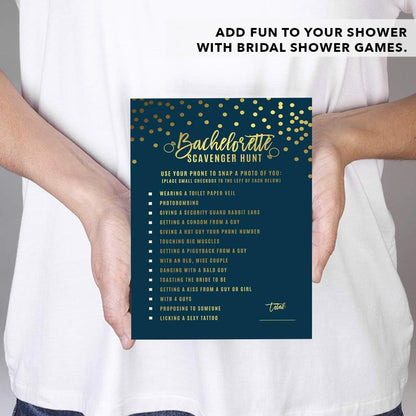 Andaz Press Navy Blue and Metallic Gold Confetti Polka Dots Bachelorette Party Bridal Shower Collection, Scavenger Hunt Game Cards, 20-Pack