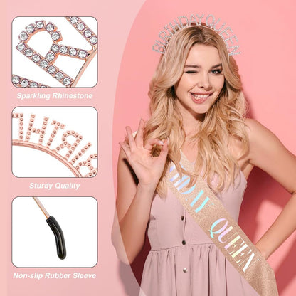 Birthday Sash & Crown for Women - Tiara Headband, Girls' Decorations Accessories