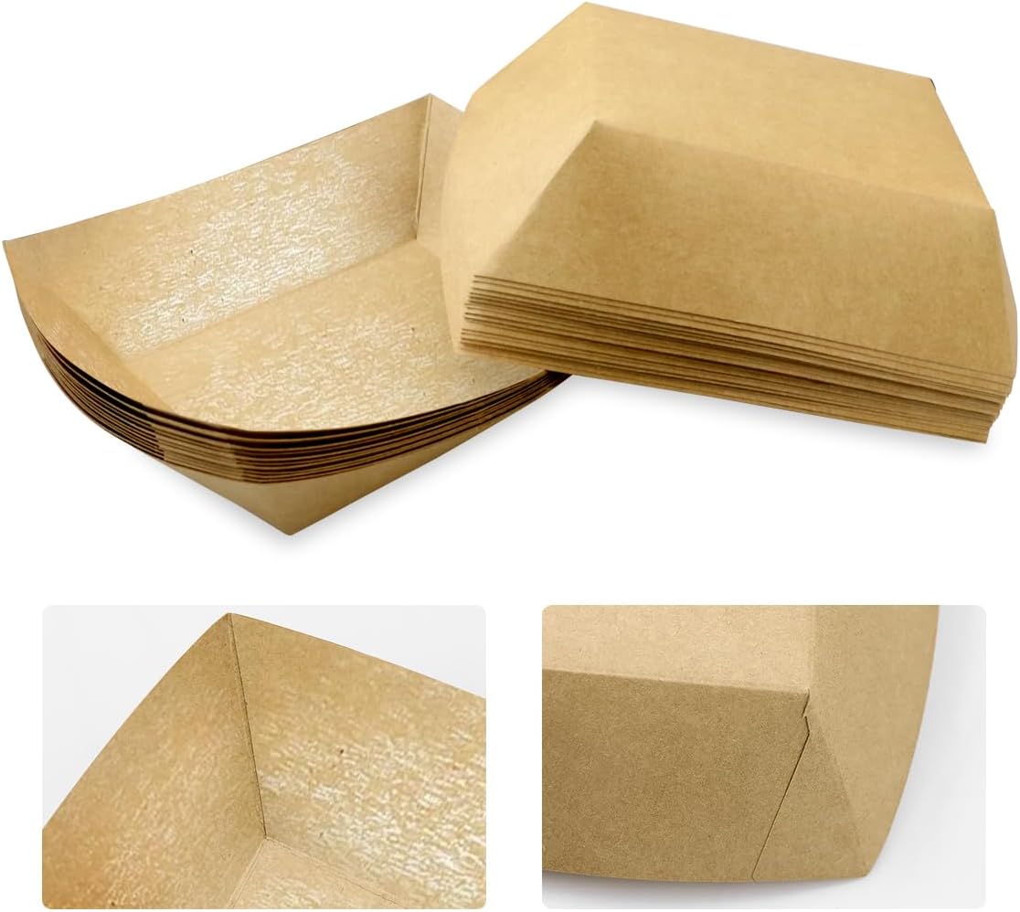 Oomcu 100 Pack 3 lb Heavy Duty Paper Food Trays - Disposable Kraft Brown Paper Boats for Party Snacks, Nachos, Hot Dogs, Tacos & BBQ