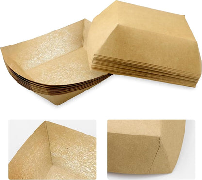 Oomcu 100 Pack 3 lb Heavy Duty Paper Food Trays - Disposable Kraft Brown Paper Boats for Party Snacks, Nachos, Hot Dogs, Tacos & BBQ