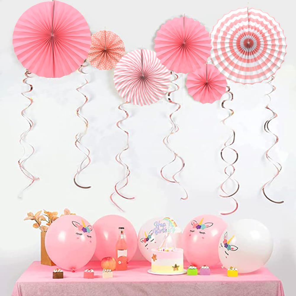 Hocansen 6PCS Paper Fan Garland Paper Fans Party Decorations 8/12/16in Hanging Papers Fans Set Round Papers Fans Pattern Garland for Birthday, Wedding (ZS/Pink)
