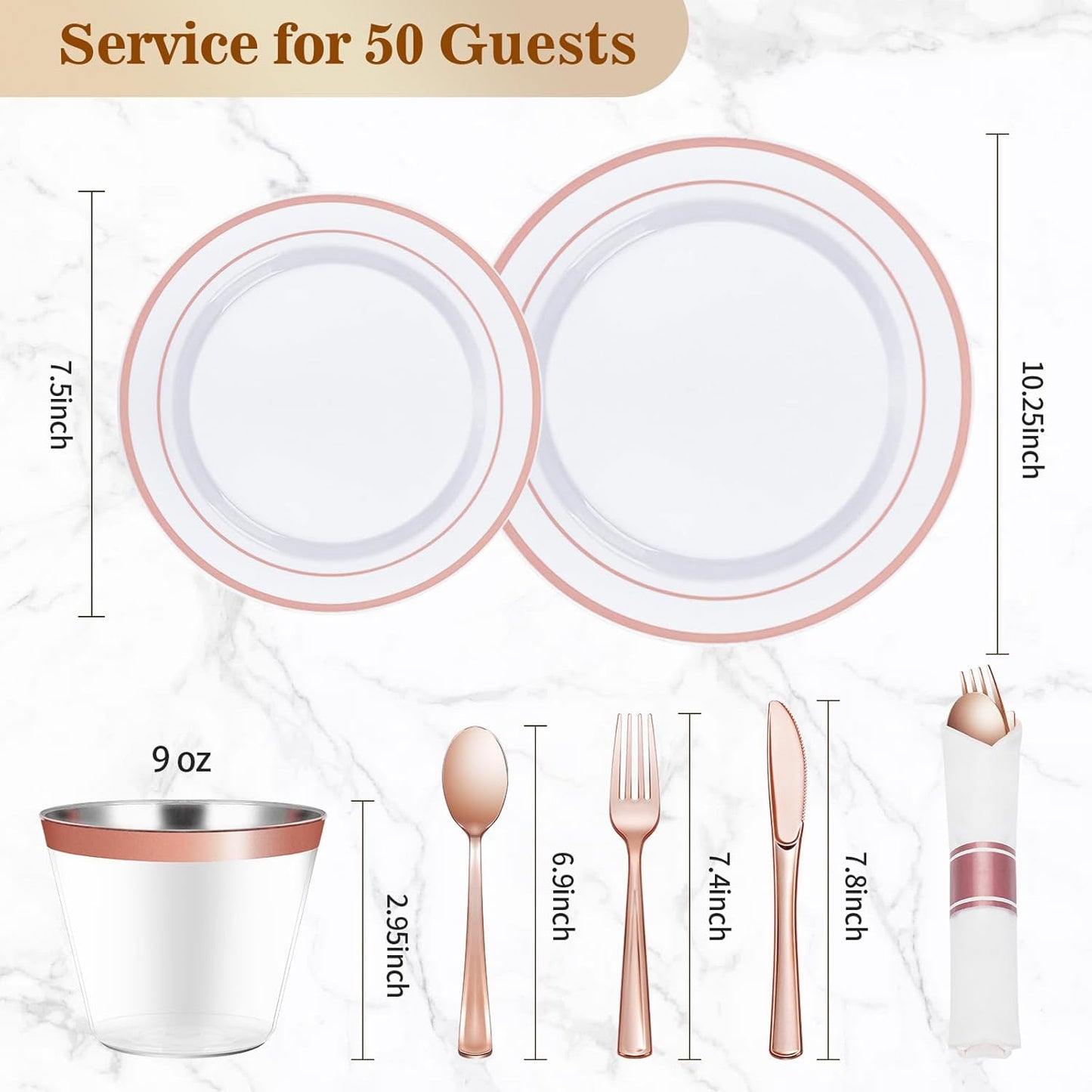 BESTVIP 350PCS Gold Plastic Dinnerware Set, Disposable Party Plates for 50 Guests, Include: 100 Plastic Plates, 50 Pre Rolled Napkins with Gold Silverware, 50 Cups