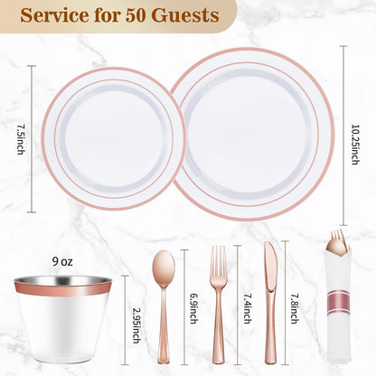 BESTVIP 350PCS Gold Plastic Dinnerware Set, Disposable Party Plates for 50 Guests, Include: 100 Plastic Plates, 50 Pre Rolled Napkins with Gold Silverware, 50 Cups