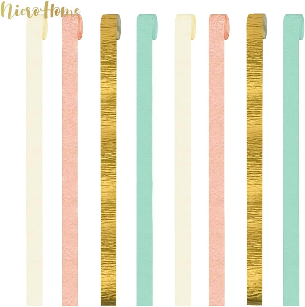 NICROHOME EUR Wedding Party Decorations, 8 Rolls Moss Sage Green Pink Crepe Paper Streamers for Boho Baby Shower, Wedding, Engagement Party, Spring Party, Birthday Party Supplies, 82 ft Long