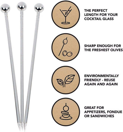 50 Pieces Stainless Steel Cocktail Picks Metal Martini Picks 4.3 inch