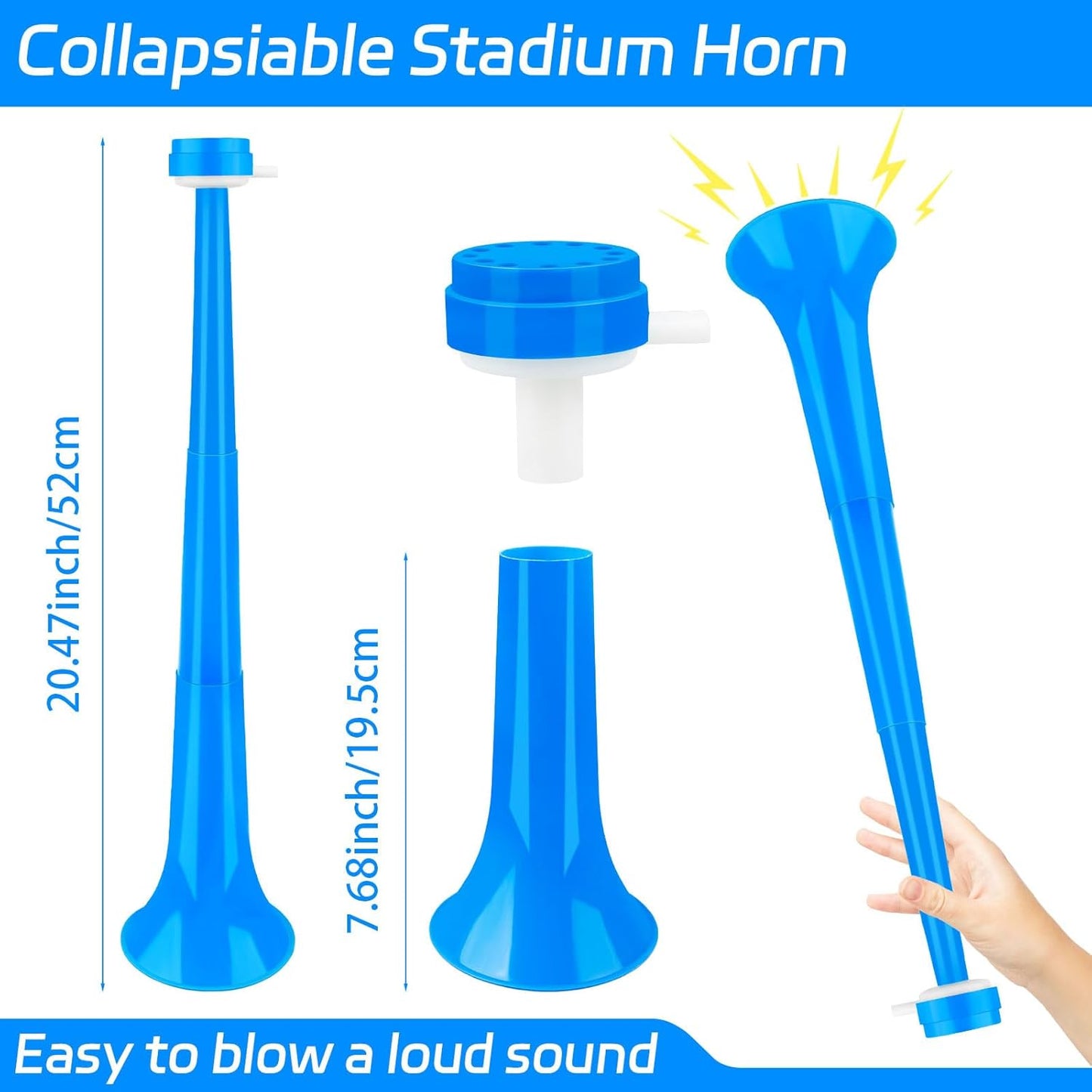 Denylo pro Collapsible Stadium Horn 24 Inch Vuvuzela Plastic Trumpet Horn Blue Blow Horn Loud Sound Soccer Horn Noisemakers for Sporting Events Graduation Party Supplies