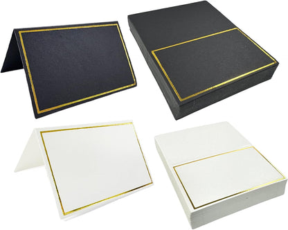 100Pcs Black & White Place Cards, 2"x3.5" Folded Tent Name Cards with Luxurious Gold Foil Border for Weddings, Banquets, Dinner Parties - 50 Black + 50 White