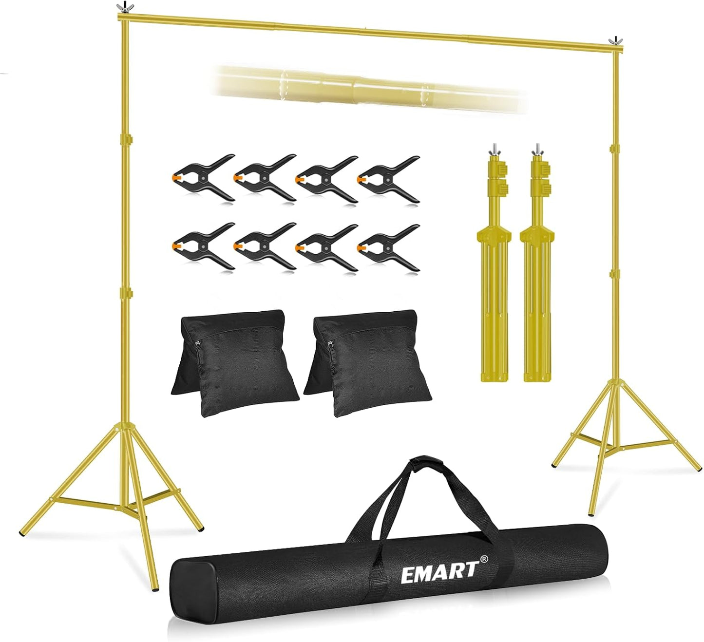 EMART Backdrop Stand 10x7ft(WxH) Photo Studio Adjustable Background Stand Support kit with 2 Crossbars, 8 Clamps, 2 Sandbags and Carry Bag for Parties, Events Decoration, Wedding, Photography -White