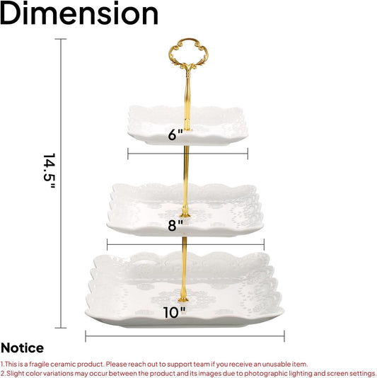 Sumerflos 3 Tier Porcelain Cupcake Stand, Tiered Serving Cake Stand, Square White Embossed Dessert Stand, Weddings Parties Pastry Serving Tray