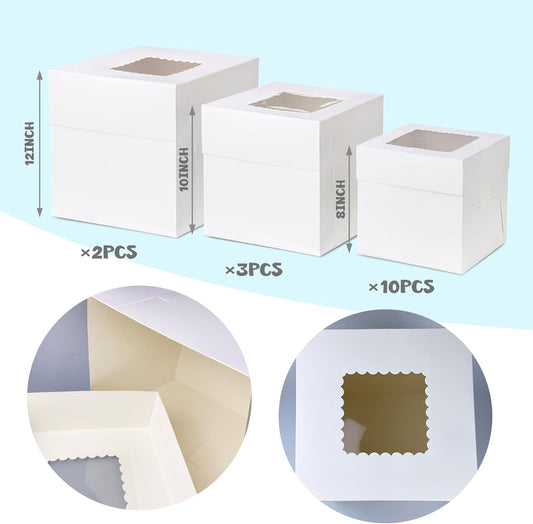 KEEPARTY 15 PCS White Tall Cake Boxes with Window 3 Sizes 12x12x12 10x10x10 8x8x8 Inches Bakery Cake Boxes Square Cake Containers