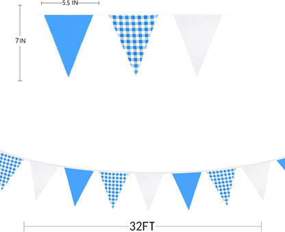 32Ft Dusty Blue Party Decorations Retro Blue Gingham Triangle Banner Flag Pennant Fabric Garland Streamers for Nautical Wedding Birthday Ahoy Achor Bridal Baby Shower Under The Sea Decor Supplies