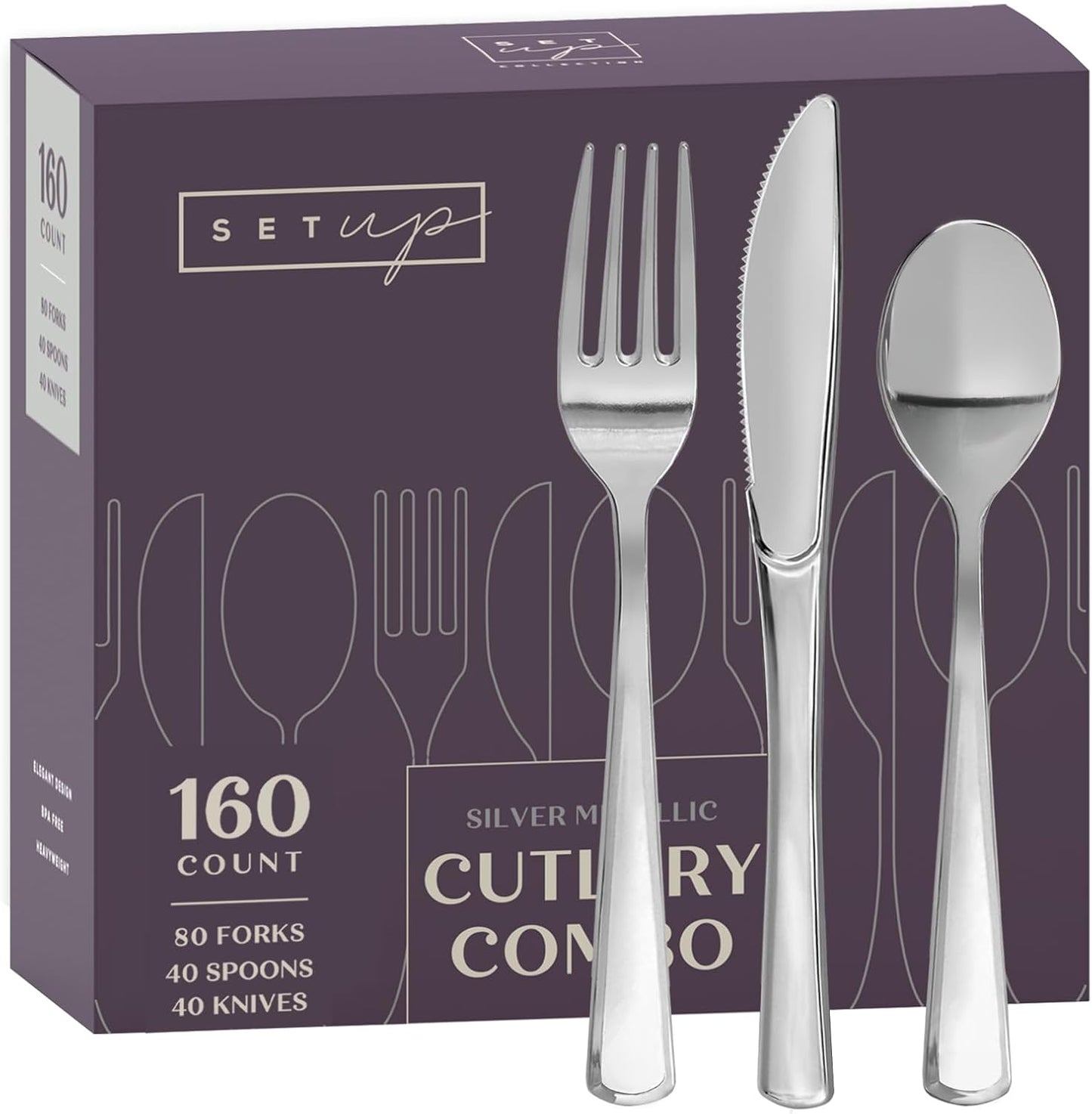 SETUP [160 Count] Disposable Silverware, Silver Combo Cutlery - 80 Forks, 40 Spoons, 40 Knives - Heavy Duty, and Durable Silver Plastic Silverware Set Great for Parties, Events and Everyday use