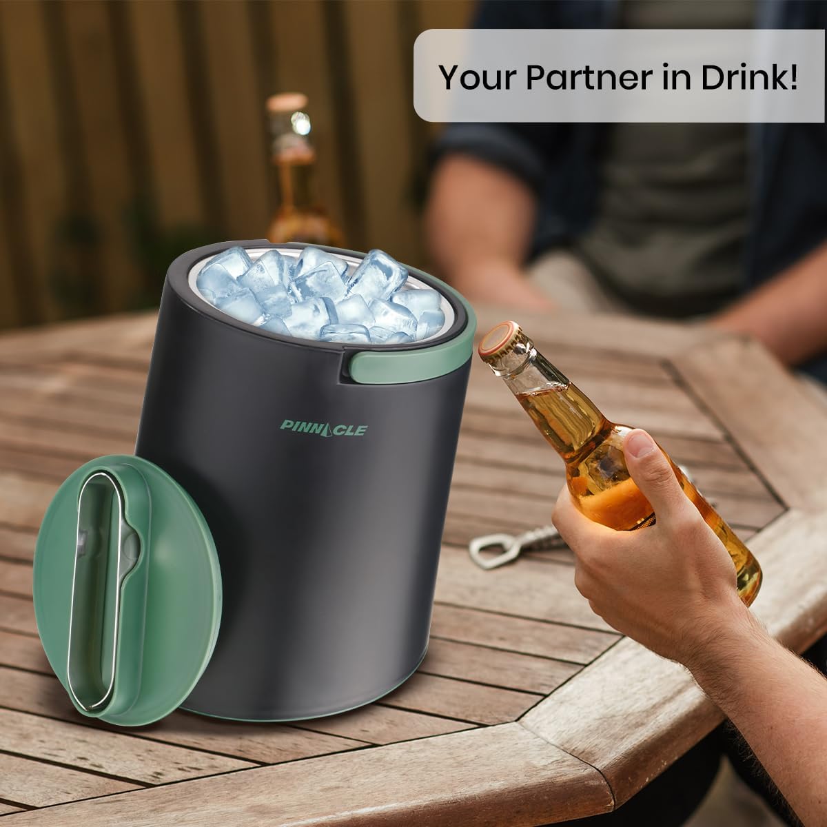 PINNACLE Insulated ice bucket for parties with Tong that fit into Lid - Stainless Steel ice bucket for cocktail bar with Collapsible Handles for indoor/outdoor bar, BPA Free (blue)