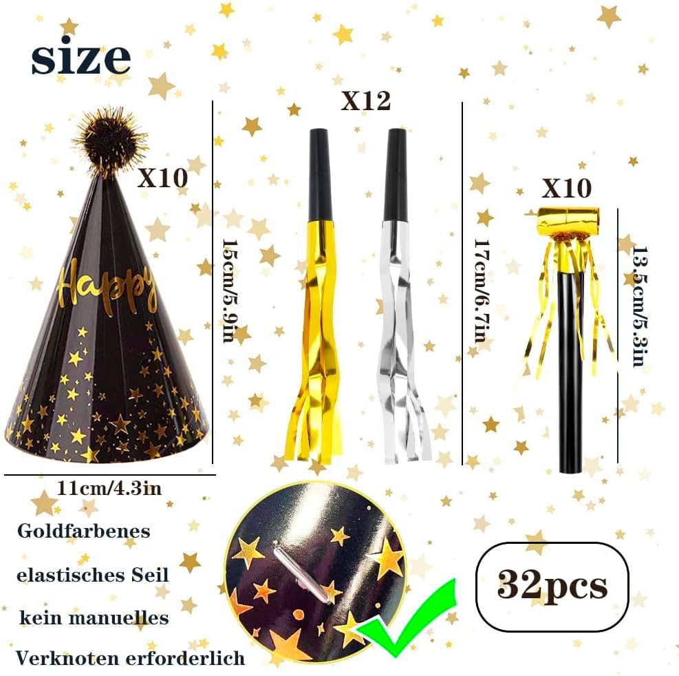 JOYEONDEF 30 Pcs Gold Birthday Party Hats Cone Hats Includes 8 Birthday Paper Hats and 22 Noise Makers