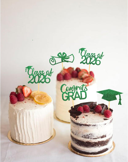 2026 Graduation Theme Cupcake Toppers Glitter Class of 2026 Graduation Cap Diploma Cupcake Picks - Set of 24 (Gold)