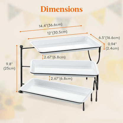 Lifewit 3 Tier Serving Tray, 30 x 17 cm/12 x 6.5" White Plastic Tiered Food Serving Platters, Tiered Tray Stand for Party with Black Collapsible Metal Stand, Dessert Display Stand for Cookies/Crackers