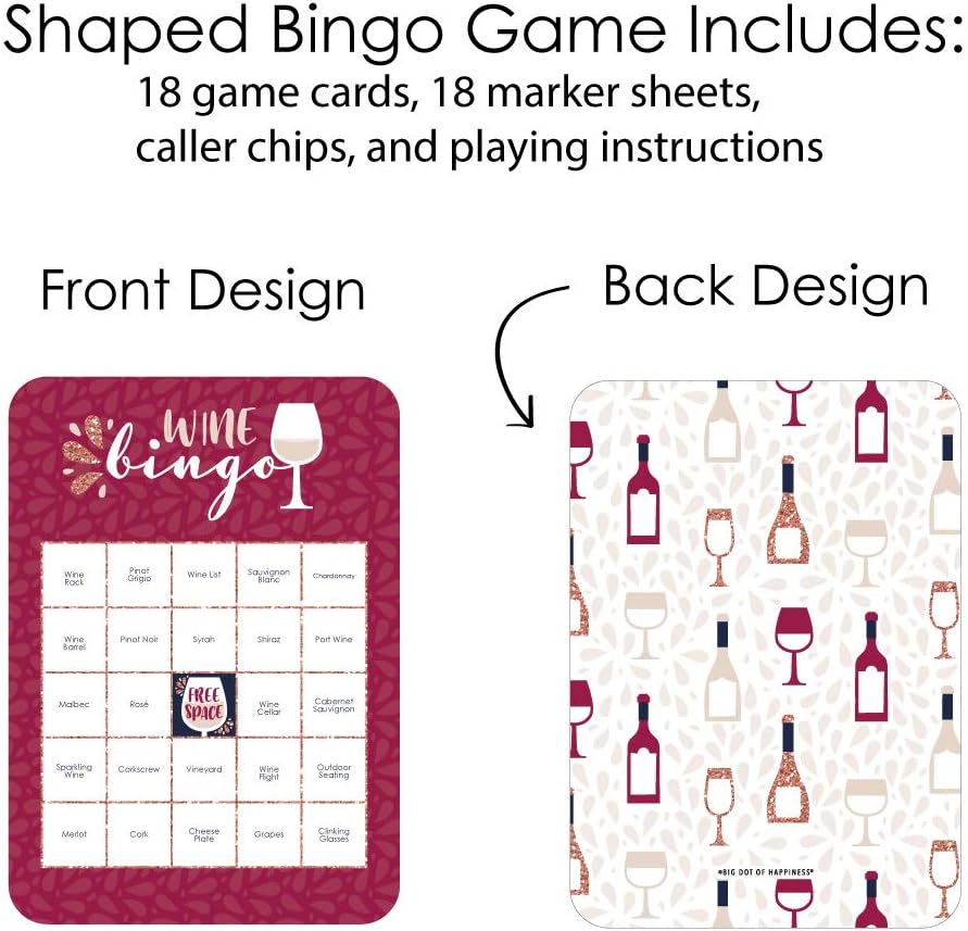 Big Dot of Happiness But First, Wine - Bingo Cards and Markers - Wine Tasting Party Bingo Game - Set of 18