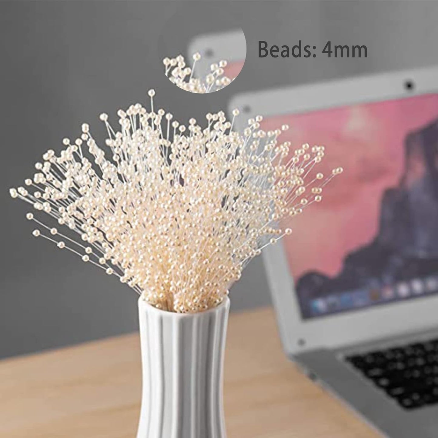 50pcs 4mm Pearls String Beaded Bouquet Spray Sticks for Bridal Beaded Wedding Party Table Decorations Mother's Day Decor (Gold)