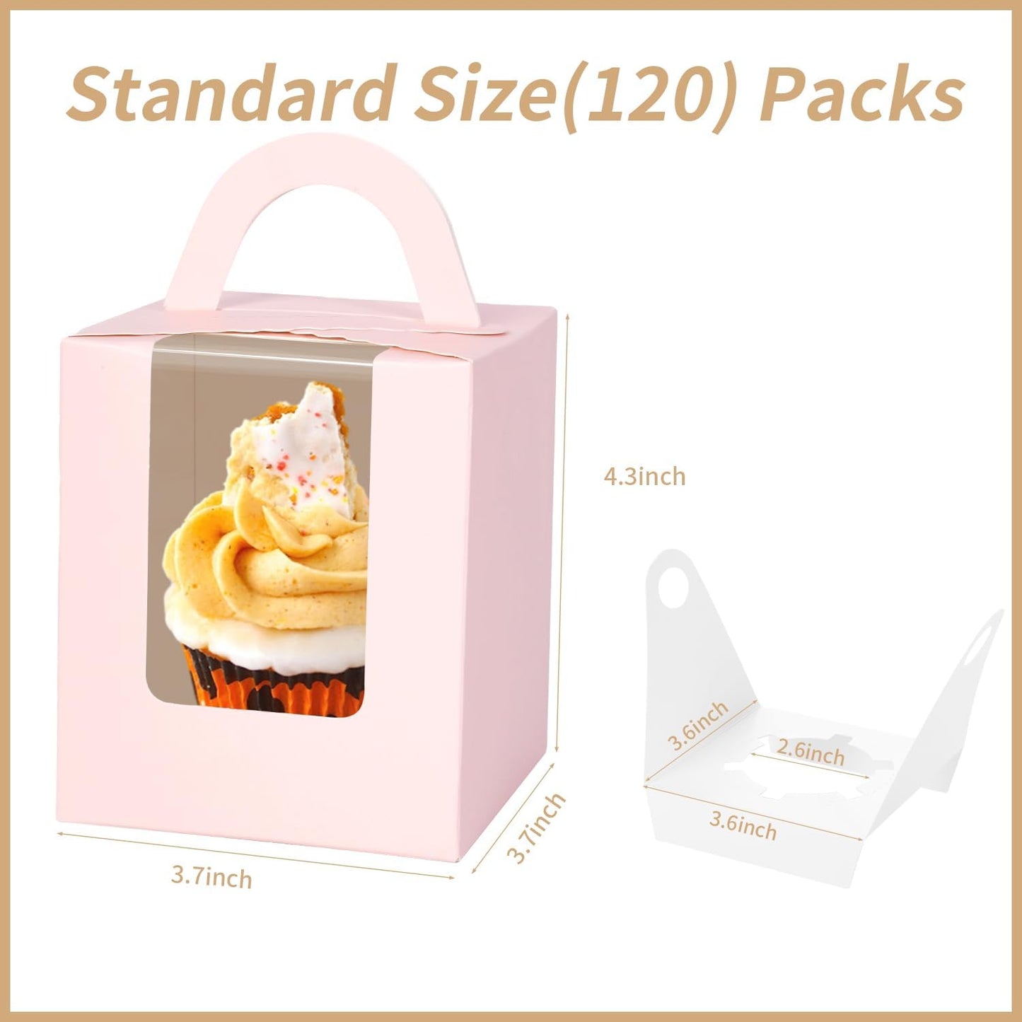 JCD Cupcake Boxes Carriers, 120pcs Pink Single Individual Cupcakes Box Holders Containers,3.7 * 3.7 * 4.3inch Cupcake Container Pastry with Insert and window(Pink, 120pcs)