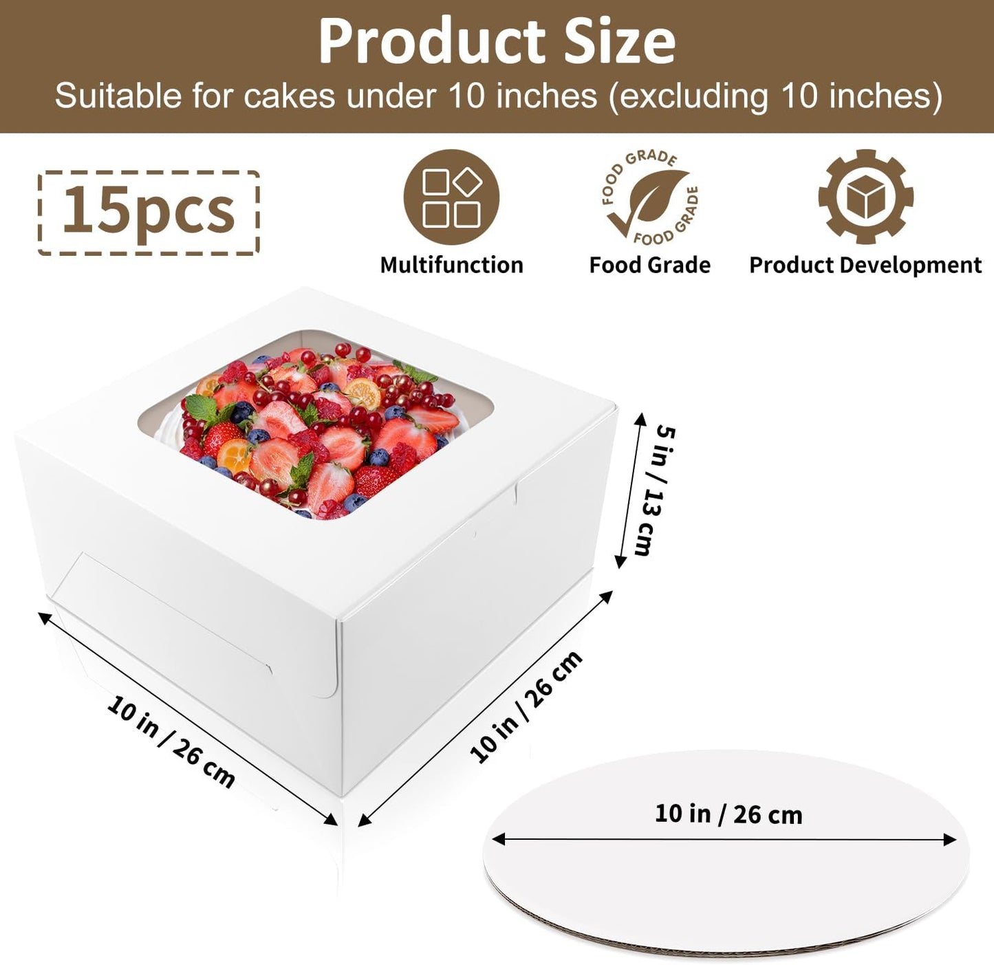 Moretoes 15 Sets Cake Boxes, 10x10x5 Inches Bakery Boxes with Cake Boards, 10 Inch with Stickers Disposable Cake Containers with Lids for Valentine's Day Mother's Day Cheesecake, Cakes