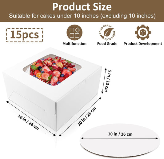 Moretoes 15 Sets Cake Boxes, 10x10x5 Inches Bakery Boxes with Cake Boards, 10 Inch with Stickers Disposable Cake Containers with Lids for Valentine's Day Mother's Day Cheesecake, Cakes