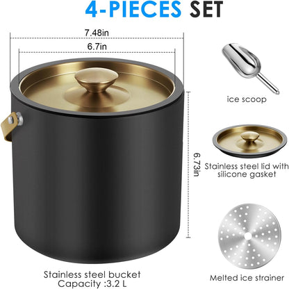 3.2L Insulated Ice Buckets for Parties, Elegant Double Wall Stainless Steel Champagne Buckets with Lid & Scoop,Ideal for Cocktail Bar, Chilling Wine, Champagne