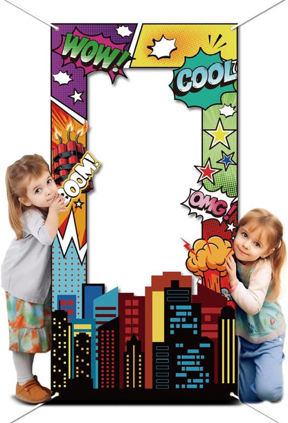 WADORN Social Media Photo Frame Props for Party Decor, 5.9x2.9ft Booth Selfie Frame with Emoji Speech Bubble Photo Door Backdrop Props Decor Large Fabric Photography Background Party Supplies