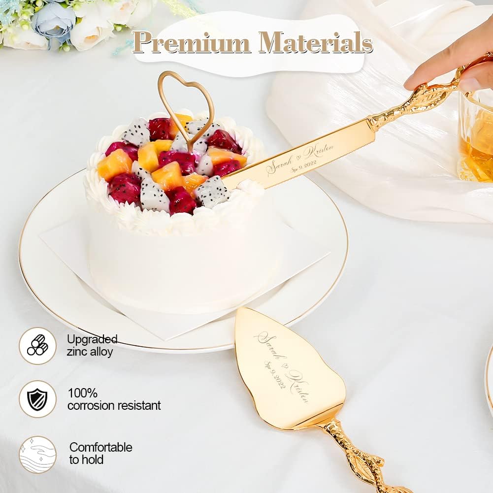 Cake Cutting Set for Wedding, Personalized Gold Cake Knife and Server Set, Custom Cake Serving Set, Engraved Pastry Pie Server Cake Pizza Cutter, Birthday Bridal Gift (F-Classic)