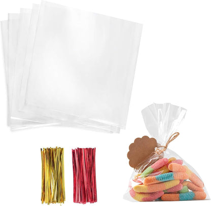 Cello Cellophane Treat Bags,5x7 Inches Clear Cellophane Bags 200 Pcs OPP Plastic Treat Bags with 200 Twist Ties for Gift Wrapping,Packaging Candies,Dessert,Bakery, Cookies, Chocolate,Party Favor