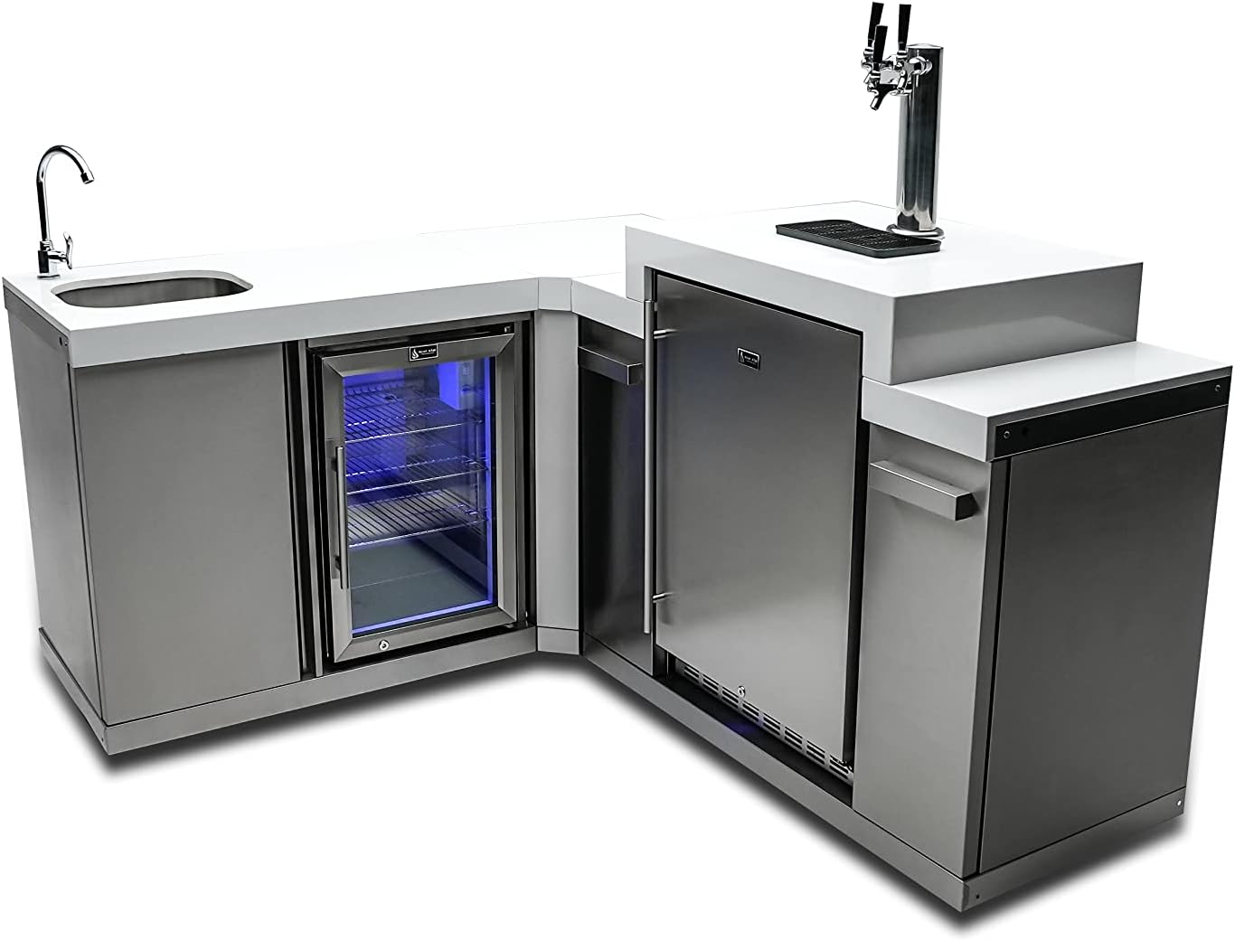 Mont Alpi Bar Series MA-BEVKEG Stainless Steel Outdoor Rated 3 Beer Tap Kegerator Keg Center Dispenser + Beverage Center with Compact Refrigerator + Granite Countertops