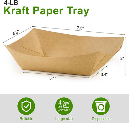 Ocmoiy 1lb Paper Food Trays, 100 Pack Heavy Duty Kraft Food Boats Holders Disposable Serving Basket Trays for Nachos, Fries, BBQ, Festivals, Party