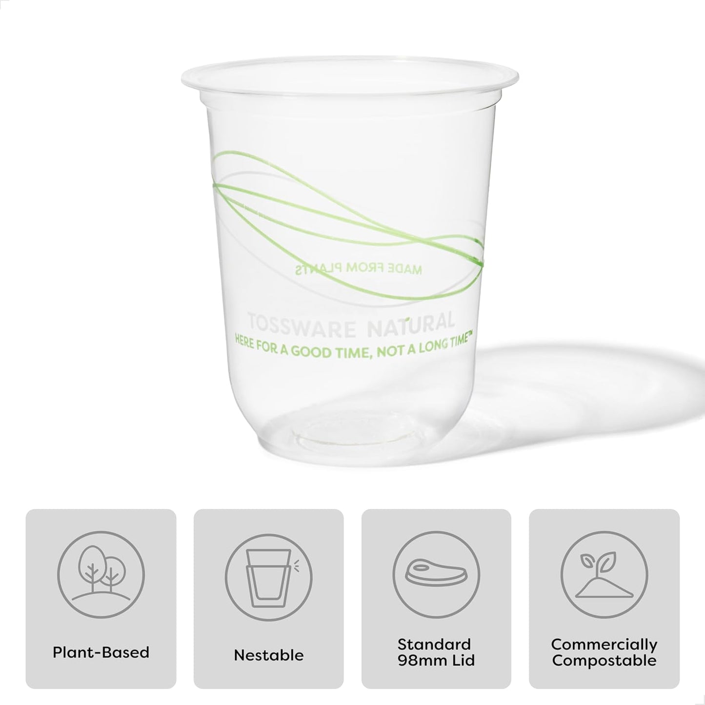 TOSSWARE NATURAL 12oz Arc - Plant Based 98mm Clear Cold Cups - Plastic Alternative for Parties, Bachelorettes, Weddings - Recyclable - Set of 100