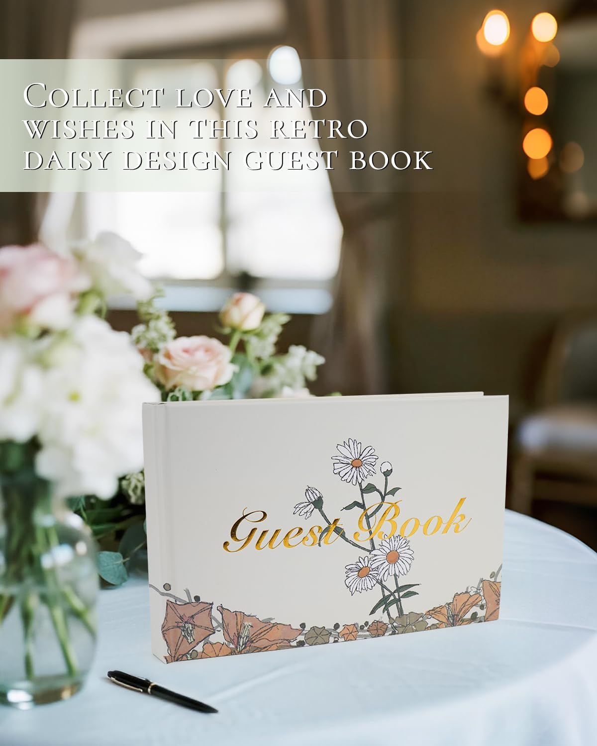 Guest Book for Wedding Reception, Party, Birthday, Polaroid GuestBook Retro Elegant Daisy Guest Sign In Book, Anniversary Sign Book Alternatives, 200 Blank Pages(100 sheets), 8.7"x5.9"