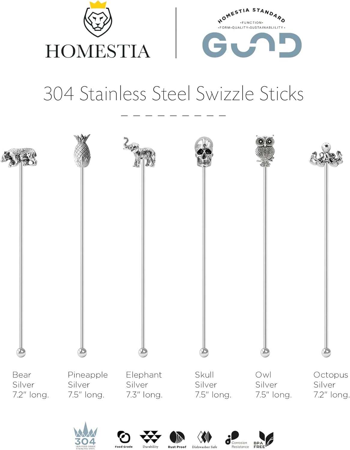 Homestia 7.5" Stainless Steel Cocktail Stirrers with Cute Animal Design, Set of 6 Reusable Swizzle Sticks for Coffee, Martini, Drinks - Dishwasher Safe Metal Bar Tools Stir Sticks