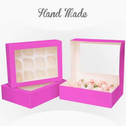 Bakepacker Auto-pop Up Cupcake Boxes with Window White 20PCS 12 Count Cupcake Box 13"x10"x3.5" Cupcakes Carrier, 12 Cupcake Containers with rolls of pink ribbons
