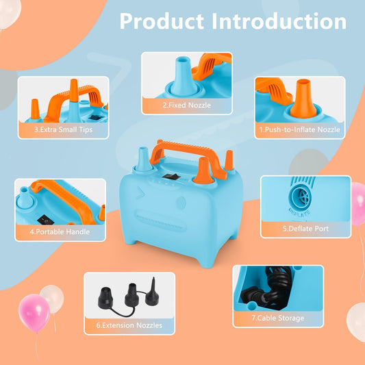 OWill Balloon Pump Electric, Multipurpose Balloon Inflator Electric Air Pump, Portable Dual Nozzle Balloons Air Pump Electric 600W Blow Machine for Party Decoration