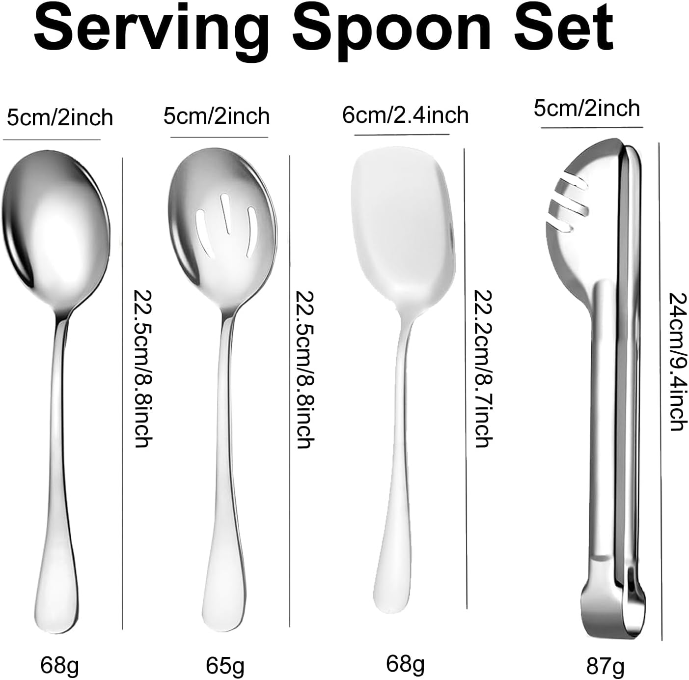 4 Pcs Large Serving Spoon Set, Silver Stainless Steel Kitchen Tongs Slotted Spoons Shovels for Buffet Parties Wedding Dinner